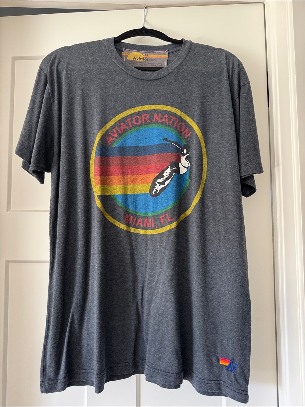 Aviator Nation Men's Charcoal Graphic Tee with Rainbow Miami Logo